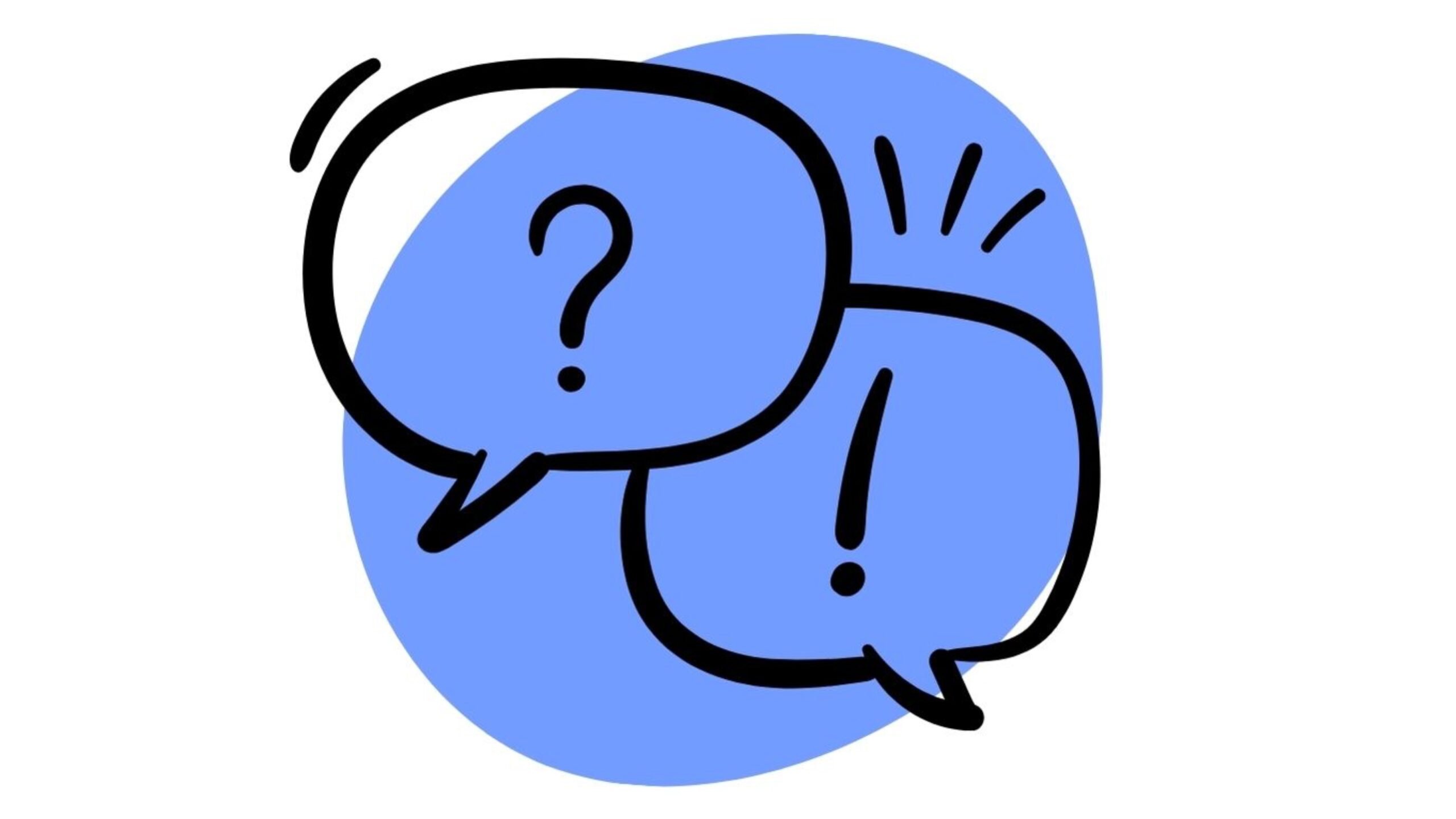 ADHS Leben Grafik für den Fragebogen "ADHS Betroffene erzählen" mit 2 Sprechblasen in denen je ein ? und ein ! dargestellt ist.